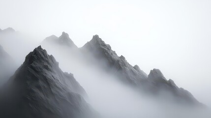 Monochrome mountain silhouette against a deep foggy sky, soft light, mysterious aura.