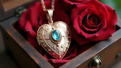 A delicate rose gold locket with intricate filigree and aquamarine lies among velvety red roses in a worn, old-fashioned wooden box.