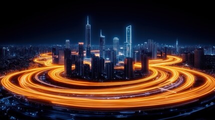 Fototapeta premium Night Cityscape with Dynamic Light Trails and Skyscrapers