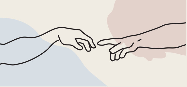 Adam and god the creation of adam famous painting michelangelo renneasince sistine chapel genesis bible motive touching fingers connections flat vector illustration Classical Art Piece modernized