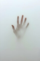 Hand pressing translucent glass surface, generating misty condensation. Soft illumination filtering through, creating mysterious, ethereal mood suggestive of hidden emotions