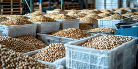 Countless boxes filled with harvested soybeans are neatly organized in a storage facility,...