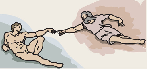 Adam and god the creation of adam famous painting michelangelo renneasince sistine chapel genesis bible motive touching fingers connections flat vector illustration Classical Art Piece modernized © @avolagrf