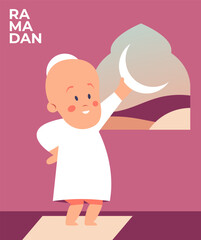 Cartoon Ramadan wishes. Cute Islamic Baby holding moon in window. Fun Eid Mubarak postcard. Flat vector illustration.