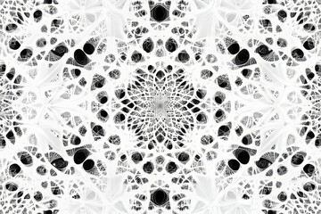 A complex tessellation pattern with intricate symmetry, precise angles, and a soft monochrome gradient.
