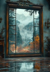  trees outside the window, a misty forest, and a spooky atmosphere