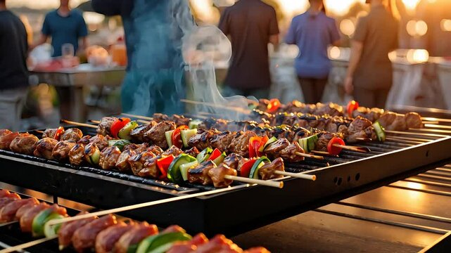 Outdoor barbecue grill with skewers of colorful vegetables and meat
