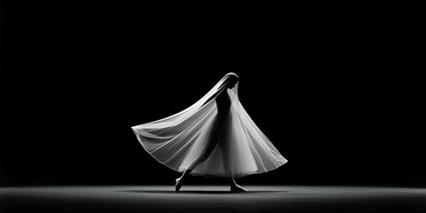 Professional ballerina is performing a dance move with flowing white transparent veil on a dark stage with black background, creating a dramatic and artistic scene