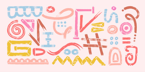 Hand Drawn Grunge Abstract Line Silhouettes with Bold Pastel Brush Strokes. Vibrant geometric shapes on white background. Playful and modern design drawn with thick lines