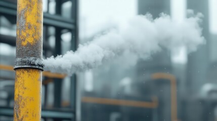 Desaturated industrial factory scene, moody smoke trails, high-contrast metallic textures