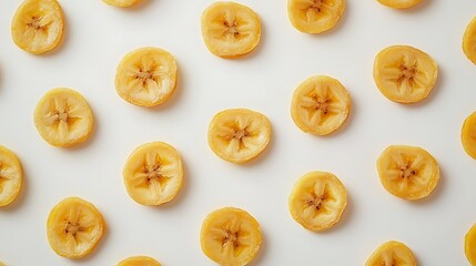 Dehydrated Banana Slices Patterned on White Background