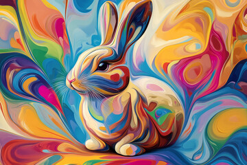 Obraz premium A modern, abstract Easter Bunny made of flowing brushstrokes, blending seamlessly into a vibrant, colorful background of swirling Easter egg patterns.