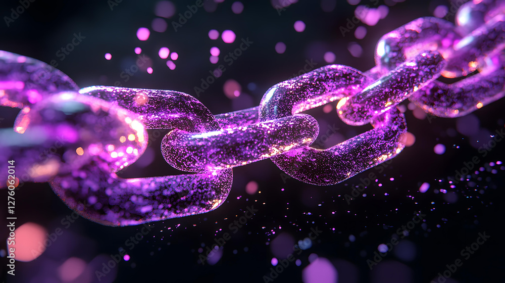 Poster a stunning visual representation of a sparkling purple chain link network
