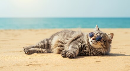 Cat Relaxing on Beach Wearing Sunglasses Enjoying Summer Vacation
