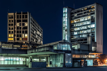 A high-contrast brutalist night city with sharp, geometric architecture and illuminated monolithic structures.