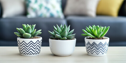Small succulents in patterned white pots are placed on a table, surrounded by a modern living room with soft furnishings