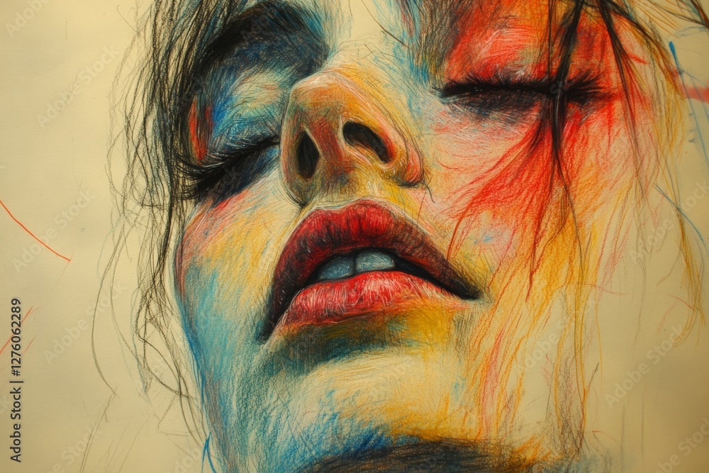 Poster vibrant portrait of a woman with expressive colors showcasing emotion and depth in a close-up drawin