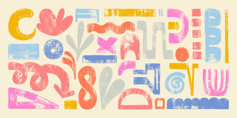 Hand Drawn Grunge Abstract Shapes with Colorful Retro Bold Brush Strokes. Vibrant geometric doodles on a cream background. Playful and modern design drawn with thick lines