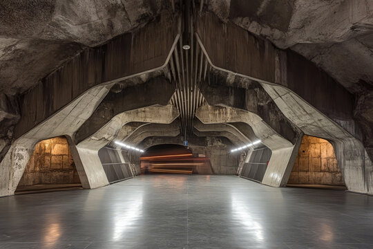 A brutalist metro station with sharp geometric design, exposed industrial lighting, and heavy concrete walls creating an imposing, dystopian atmosphere.