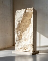 Distillery name engraved on large stone slab in modern interior setting