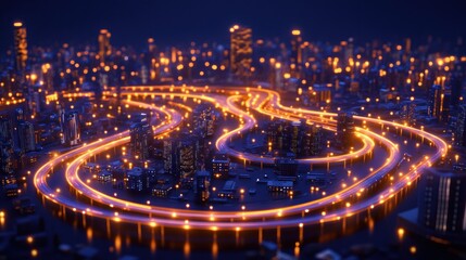 Fototapeta premium Night City Highway Lightscape Stunning Aerial View