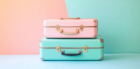 Two stylish suitcases in pastel pink and turquoise stand together showcasing a vibrant travel aesthetic in a softly lit setting