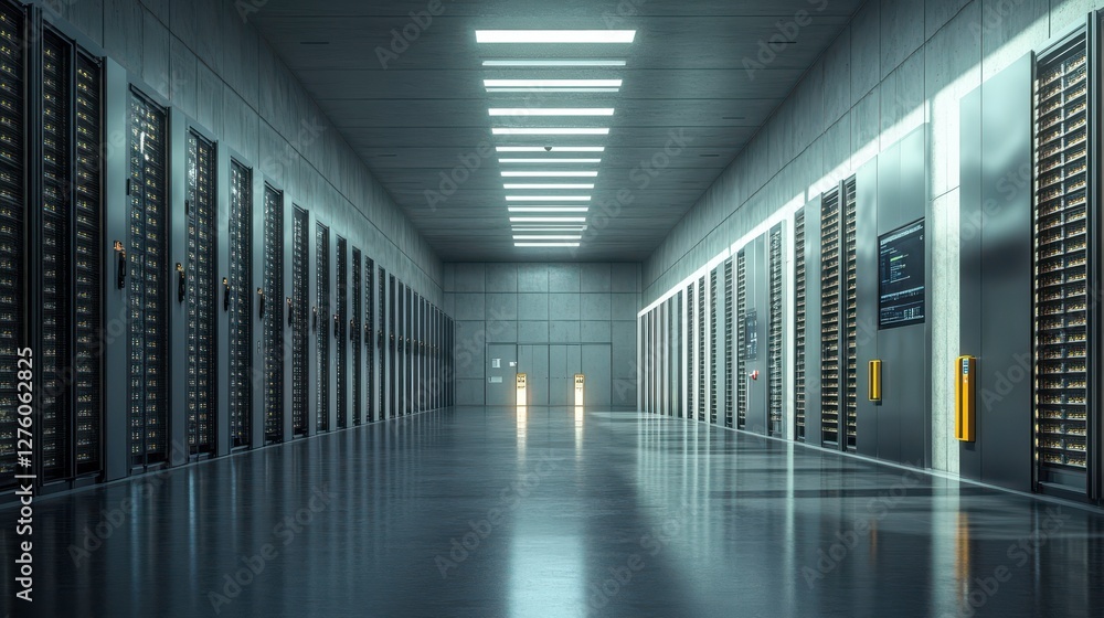 Poster a modern data center hallway featuring rows of servers, illuminated by overhead lights, showcasing a