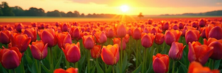 a colorful field of tulips swaying in the wind at sunrise, nature, colorful field