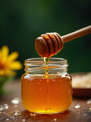 Bright golden honey flowing from a wooden dipper into a jar surrounded by nature's beauty