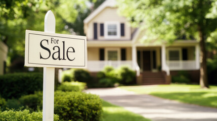 elegant home with For Sale sign in front yard, surrounded by lush greenery and welcoming pathway, perfect for potential buyers