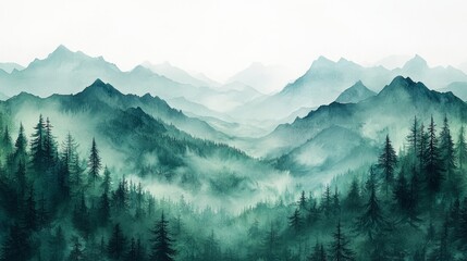 Obraz premium Abstract minimalist landscape painting with green watercolor mountains fading into a white background