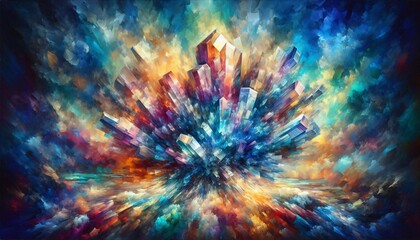 Abstract City Explosion: A vibrant and dynamic abstract cityscape explodes with color and energy, with buildings and structures radiating outwards in a stunning display.