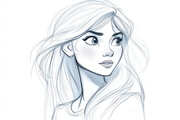 Girl with flowing hair and thoughtful expression in a detailed sketch style