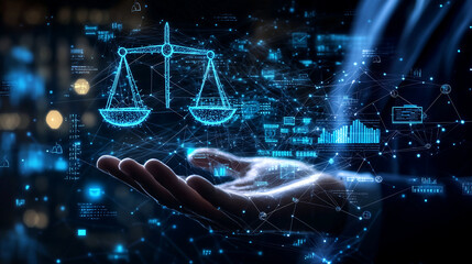 Hand Holding Scales Symbolizing Law and Technology