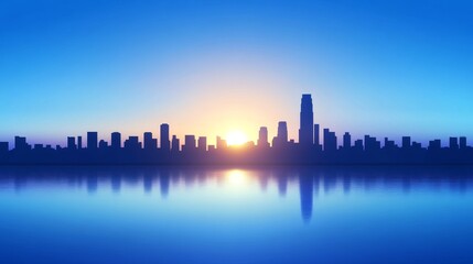 Cityscape Sunrise Reflection - Stunning cityscape silhouette at sunrise, reflected in calm water. Peaceful urban scene