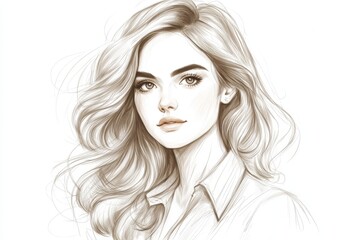 Fototapeta premium Detailed sketch of a young woman with long, flowing hair and expressive features
