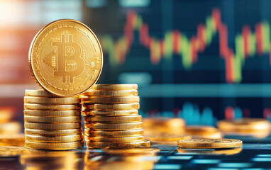 Bitcoin coins stacked on table with stock market charts in background, symbolizing cryptocurrency investment and financial growth