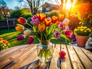 Aerial View: Summer Still Life – Vibrant Tulip Bouquet in Vase