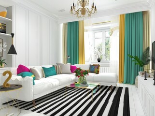 Naklejka premium A bright and stylish living room with a white couch. colorful pillows. black and white striped rug. and a large window with colorful curtains