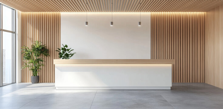 Bright reception area features light wood grain paneling and a sleek white counter, creating an inviting atmosphere for visitors