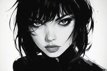 Portrait of a determined woman with striking features and intense gaze in a monochrome artistic style