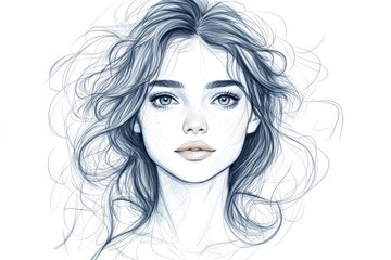Fototapeta premium Sketch of a young woman with flowing hair and expressive features in a minimalist artistic style