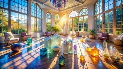Naklejka premium Aerial View Crystal Healing Room, Celestial Light Therapy, Spiritual Wellness Space