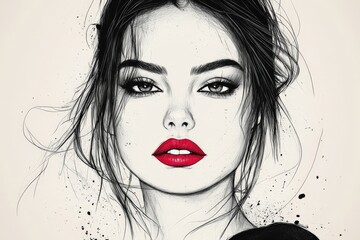 Artistic portrait of a woman with striking red lips and expressive eyes featuring a detailed ink drawing style