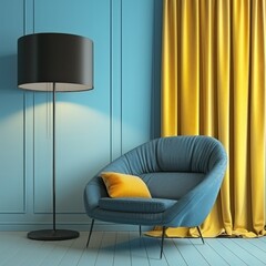 A comfortable blue armchair with a yellow pillow sits in a room with blue walls and a large yellow curtain A floor lamp with a black shade provides warm light