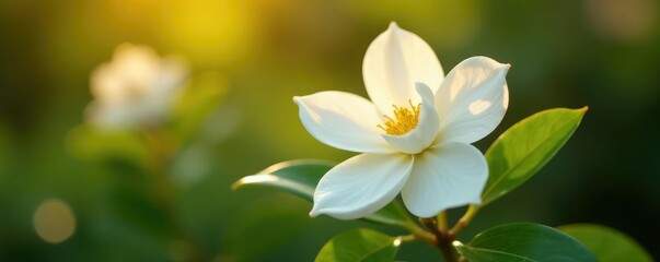 Gardenia flower with delicate white petals unfolding, garden, sunlit background