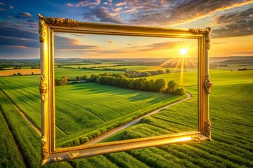 Fototapeta premium Aerial View Golden Frame Over Lush Green Landscape - Drone Photography