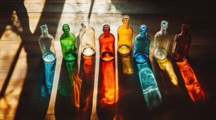 colorful glass bottles in sunlight