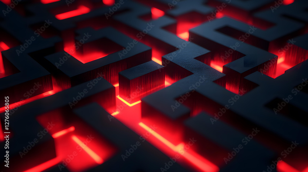 Poster abstract 3d render of a red neon lit maze of dark blocks