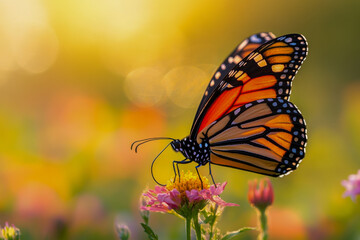 Fototapeta premium A stunning hyper-realistic monarch butterfly resting on a flower, with soft golden bokeh in the background